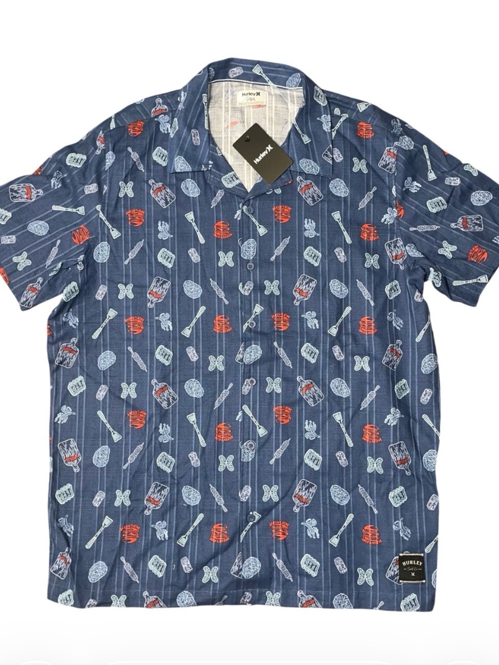 Hurley Barbecue BBQ Short Sleeve Button Up Collar Shirt Blue NWT Large Grilling